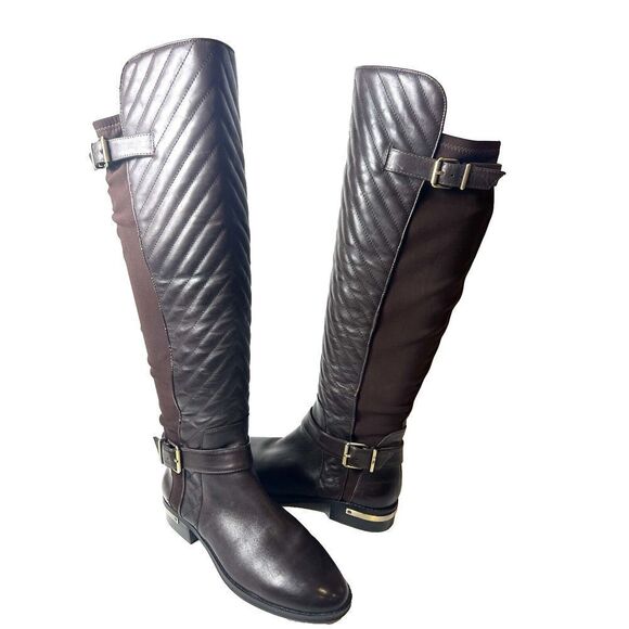 Vince Camuto Knee High Womens 7M Riding Boots Brown Leather Fabric Casual Zip Up - Picture 1 of 10